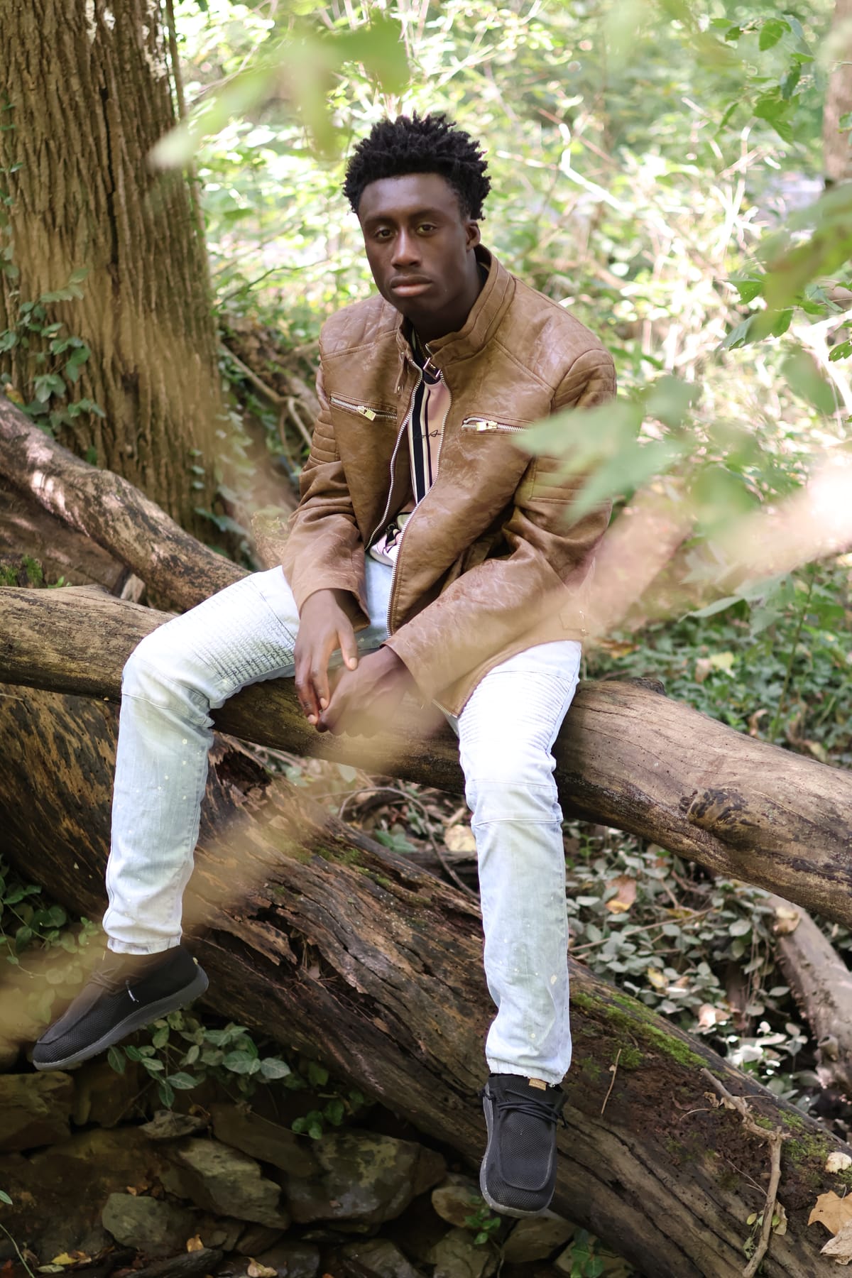 Portrait of a man in a tan leather jacket seated among the branches of a large tree
